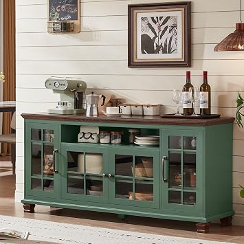 SAVOR LIFE Large Sideboard Buffet Cabinet with Storage, Vintage Green Farmhouse 60" Wide Credenza Accent Cabinets with Glass Doors & Wood Legs, Kitchen Coffee Bar Table for Dining Room, Living Room
