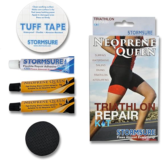 Stormsure Triathlon Wetsuit Repair Kit for Neoprene Rips and Tears Waterproof Adhesive (5g) Clear with 2 Black Patches