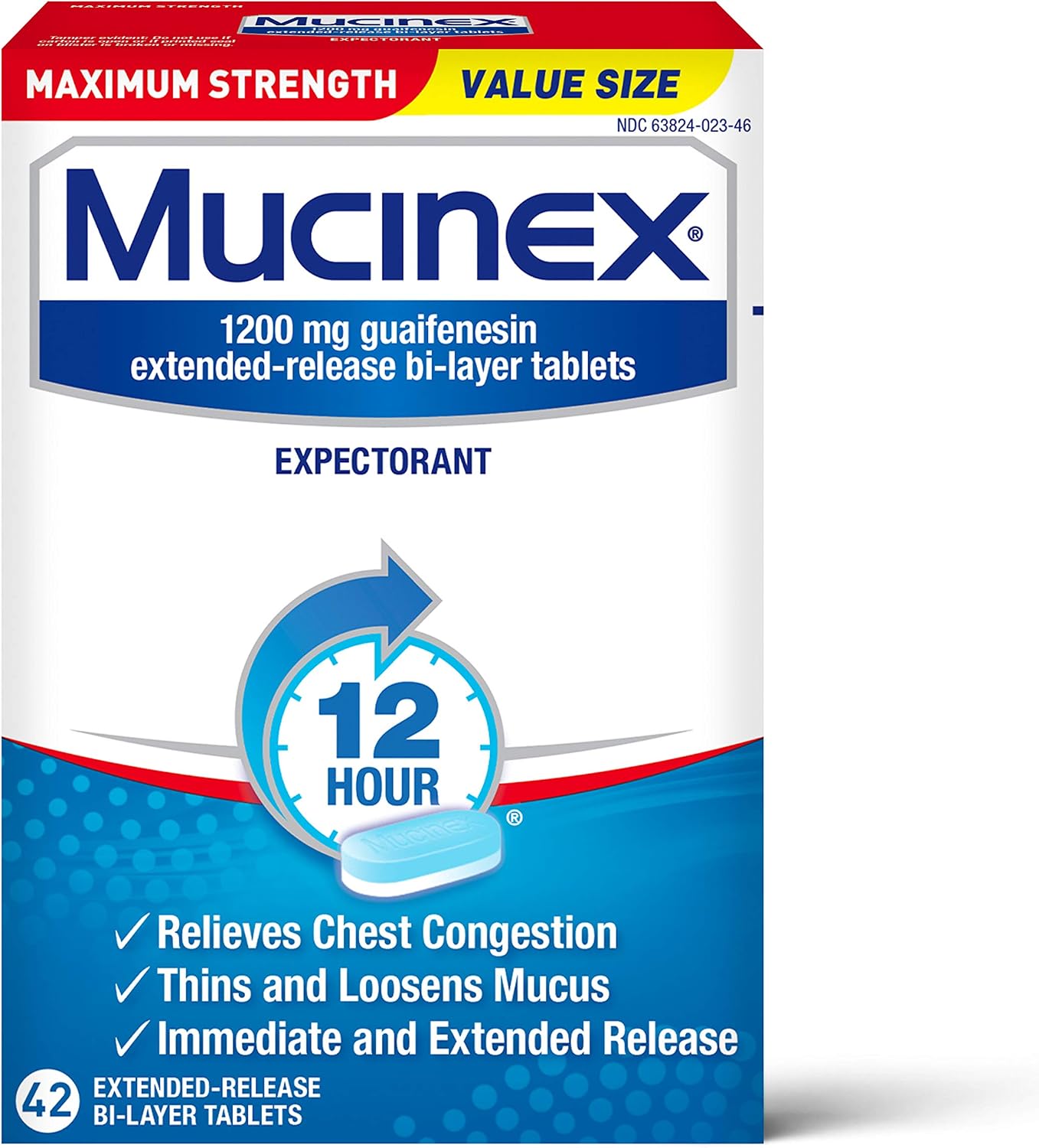 Mucinex Chest Congestion Maximum Strength 12 Hour Extended Release Tablets Relieves Chest Congestion Caused by Excess Mucus#1 Doctor Recommended OTC expectorant, 1200mg, 42 Count Pack of 1