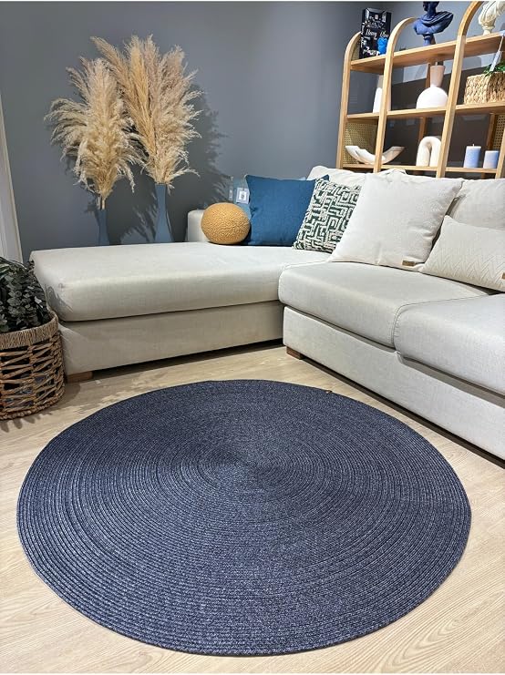 Jüt Yuvarlak Hasır Görünümlü Klasik Halı Kilim BambuLacivert 70 x 70