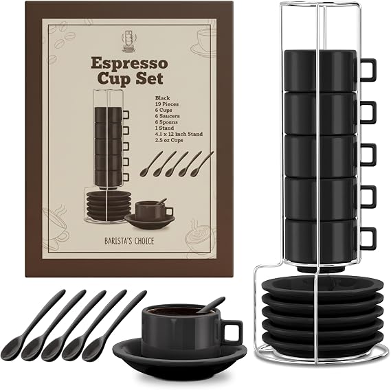 Espresso Cup Set, with Saucers, Spoons, 19 Pieces, Set of 6, 2.5 OZ, Black