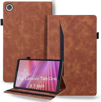 Shockproof Case for Lenovo Tab One 8.7 inch 2025 Model - Retro PU Leather + TPU Hybrid Protective Cover with Anti-Slip Grip Strap & Card Slots -Brown