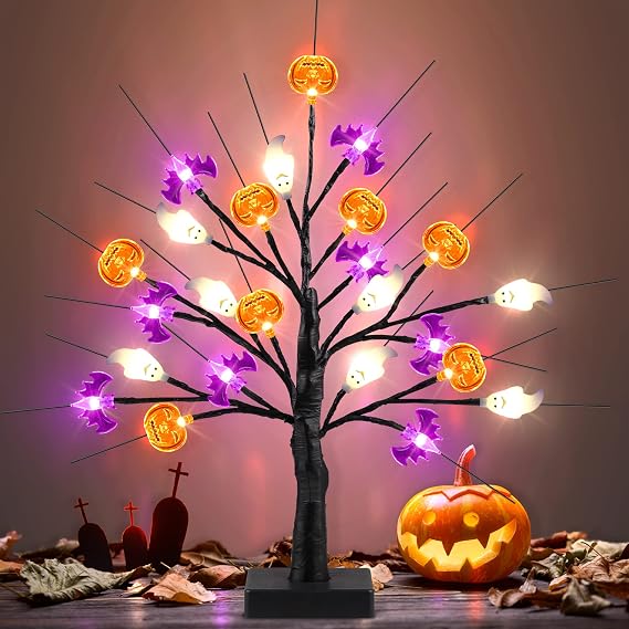Mosoan 18 Inch Black Halloween Tree Light with 24 LED Pumpkin Bat Ghost Lights, Timer/USB/Battery Operated Halloween Lights, Indoor/Outdoor for Home, Table, Porch, Mantle, Party Decor