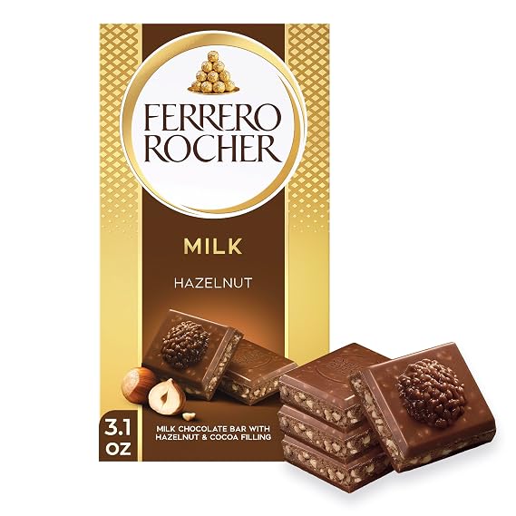 Ferrero Rocher premium chocolate bar, Milk Chocolate with Hazelnut Filling, Perfect Self Treat, 3.1 oz Each