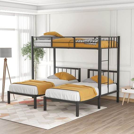 Metal Triple Bunk Bed, Twin Over Twin & Twin Bunk Bed with Guardrails Can Be Separated into 3 Twin Beds for Kids, Teens, Adults (Black)
