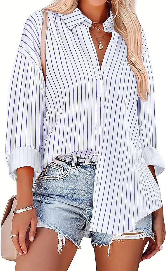 HOTOUCH Women Button Down Striped Shirts Drop Shoulder Blouse Long Sleeve Oversized Shirt with Pocket