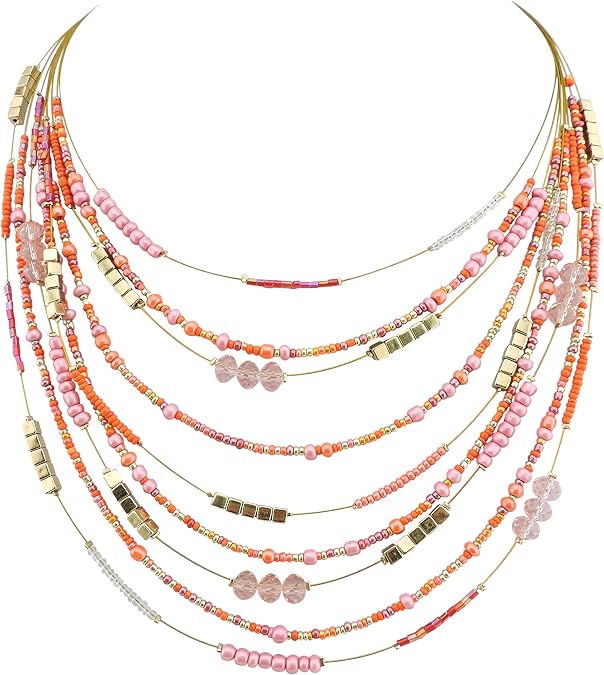 Bocar Multilayer Colorful Handmade Seed Beads Illusion Chain Bib Necklace Wedding Bridal Jewelry