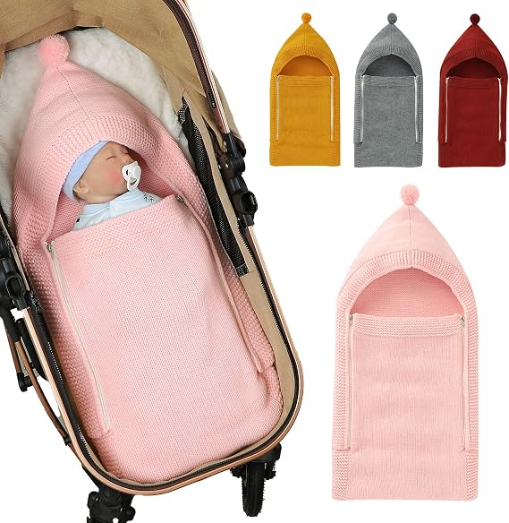 Newborn Baby Swaddle Blanket Knitted Baby Hooded Sleeping Bag Soft Warm Stroller Wrap Cozy Receiving Blanket for 0-6 Months Boys Girls (Pink)