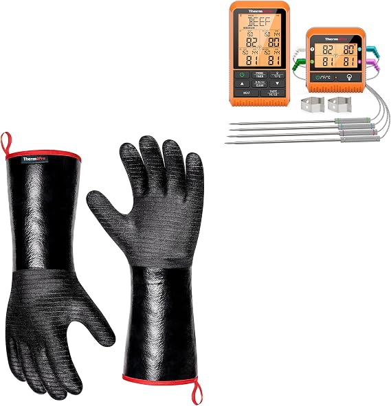 ThermoPro TP829 1000ft Wireless Meat Thermometer Digital for Grilling and Smoking+ThermoPro 932F Heat Resistant BBQ Gloves, 14" Waterproof Oven & Grill Gloves
