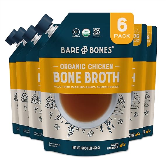Bare Bones Chicken Bone Broth for Cooking and Sipping, 16 oz, Pack of 6, Pasture Raised, Protein and Collagen Rich, Keto Friendly