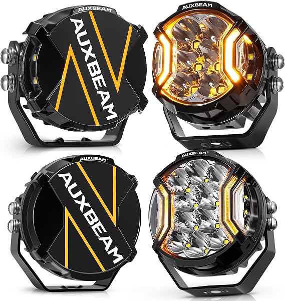 Auxbeam V-Ultra Series LED Light Pods, 3In+5In Offroad Round Driving White Light with Amber DRL, 270 Wide Range Super Bright Side Shooter White Hyper Spot Beam Universal Lights with Black Cover-4PCS