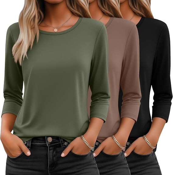 Ficerd 3 Pack 3/4 Sleeve Tops for Women Basics Crewneck T Shirts