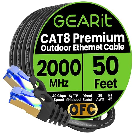 GEARit Cat8 Outdoor Ethernet Cable (50 Feet) Waterproof, Direct Burial, In-Ground, LLDPE UV Jacket, Pure Copper, 26AWG, 40Gbps 2000Mhz SFTP Patch Cord, POE, Network, Internet, Cat 8 Cable - 50ft