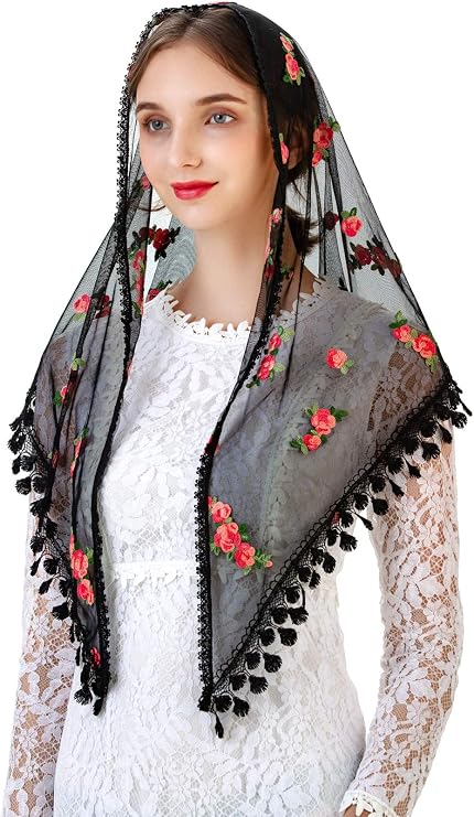 PAMOR Triangle Little Flower Chapel Veils Embroidered Scarf Shawl Latin Mass Head Covering Mantilla Veil for Church