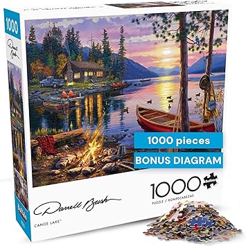 Buffalo Games - Canoe Lake 1000 Piece Puzzle for Adults - Jigsaw Puzzles Darrell Bush Cabin Sunset Artwork with Poster Challenging Outdoor Nature Scene