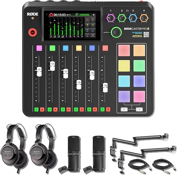Rode RODECaster Pro 2 Podcast Production Console with 2x Zoom ZDM-1 Podcast Microphone Packs and 2x StreamEye LowPro Low Profile Mic Arms