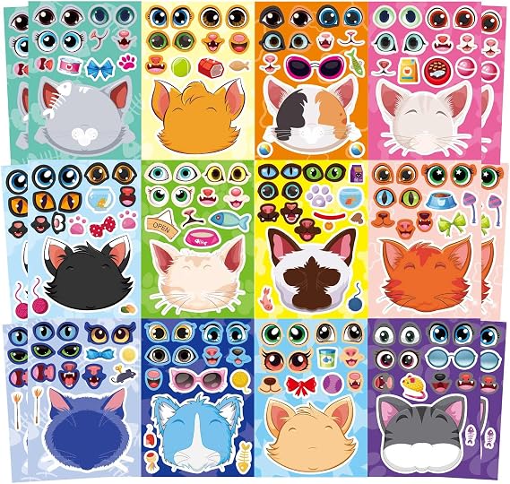 Cats Stickers for Kids, Make a Cat Face Stickers, Animal Stickers | 24 Sheets Make You Own Cats Stickers, Birthday Gift Party Favors Supplies Teacher Art Craft, Games School Activity Reward