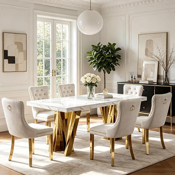 7 Piece Faux Marble Dining Table Set for 6, Modern Kitchen Table Set with 6 Beige Velvet Chairs, 68" White Marble Table with Gold Stainless Steel Base, Kitchen Dining Room Table Sets for 6
