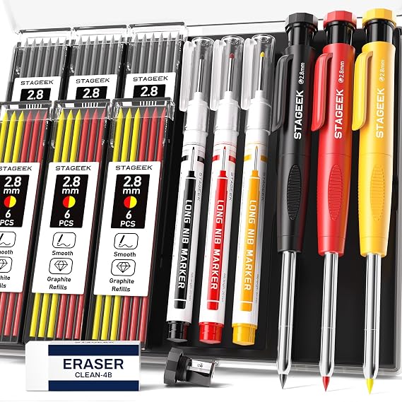 STAGEEK 2.8mm Carpenter Pencils with Sharpener, 3-Pack, Storage Case