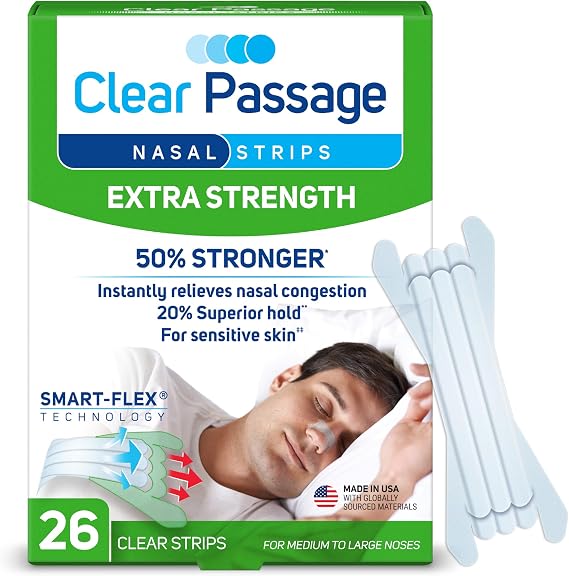 Clear Passage Nasal Strips Extra Strength, Clear, 26 ct | Works Instantly to Improve Sleep, Reduce Snoring, Relieve Nasal Congestion Due to Colds & Allergies | Works Instantly to Opens Nasal Passages, Improve Sleep, Reduce Snoring, Relieves Nasal Congestion Due to Colds & Allergies