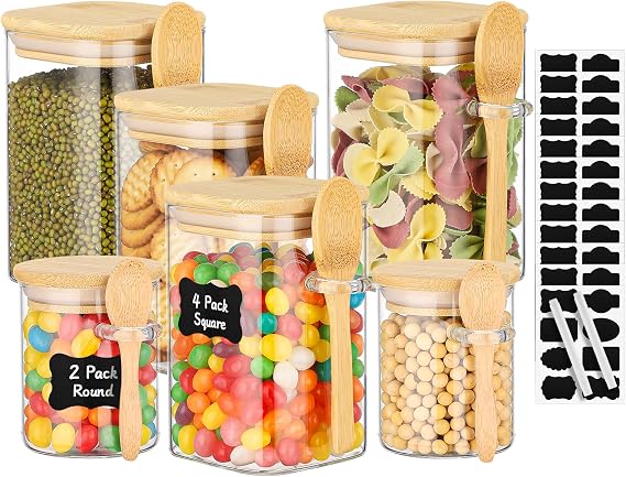 Glass Jars with Lids and Spoons Set of 6, 2 Pack 6oz Round Glass Jars and 4 Pack 18oz Square Canister, for Kitchen Food Pantry Storage