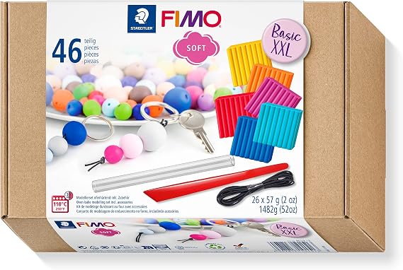 STAEDTLER 8023 15 FIMO Soft Oven-Hardening Polymer Modelling Clay - Basic XXL Kit, Assorted Colours (Pack of 26 x 57g Blocks & 20 x Accessories) | Large oven-hardening clay set, soft & mixable with 10 tools – for beginners & large projects – Art.-Nr. 8023 15