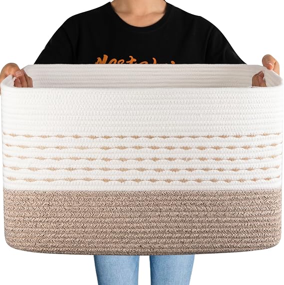 OIAHOM 75L Extra Large Blanket Basket, 22x17x15 Rectangle Woven Cotton Rope Baskets for Living Room, Toy Storage with Handle- Gradient Light Brown