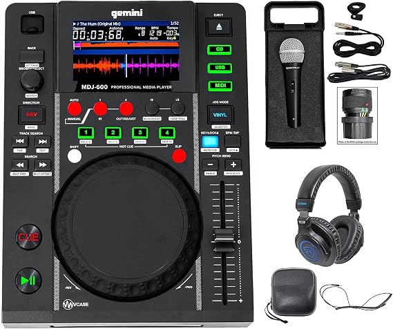 Audiosavings Bundle: Rockville DJ1500 Headphones w/Cable Bundle with Gemini MDJ-600 Single Tabletop Media Player MIDI Controller LCD & Rockville RMC-XLR High-End Wired Microphone (3 Items)