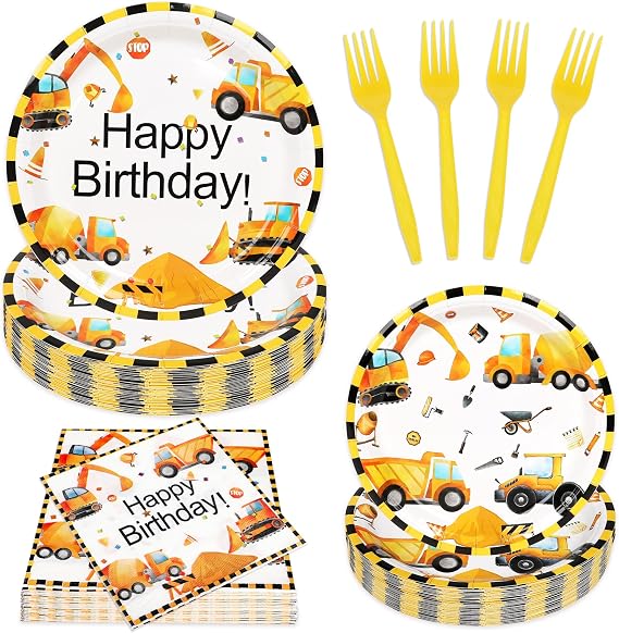 100 Pcs Construction Birthday Party Decorations, Construction Theme Plates and Napkins Forks Set, Disposable Dump Truck Tableware Set for Kids Boys Birthday Party Supplies, 25 Guests