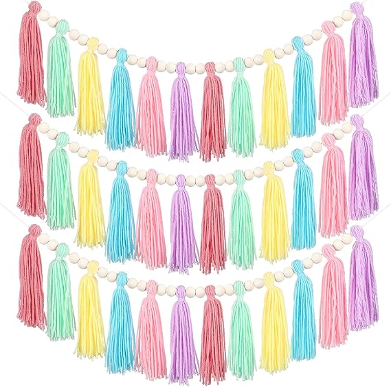 Zeyune 3 Pcs Boho Garland Pastel Rainbow Wood Beads Classroom Decor
