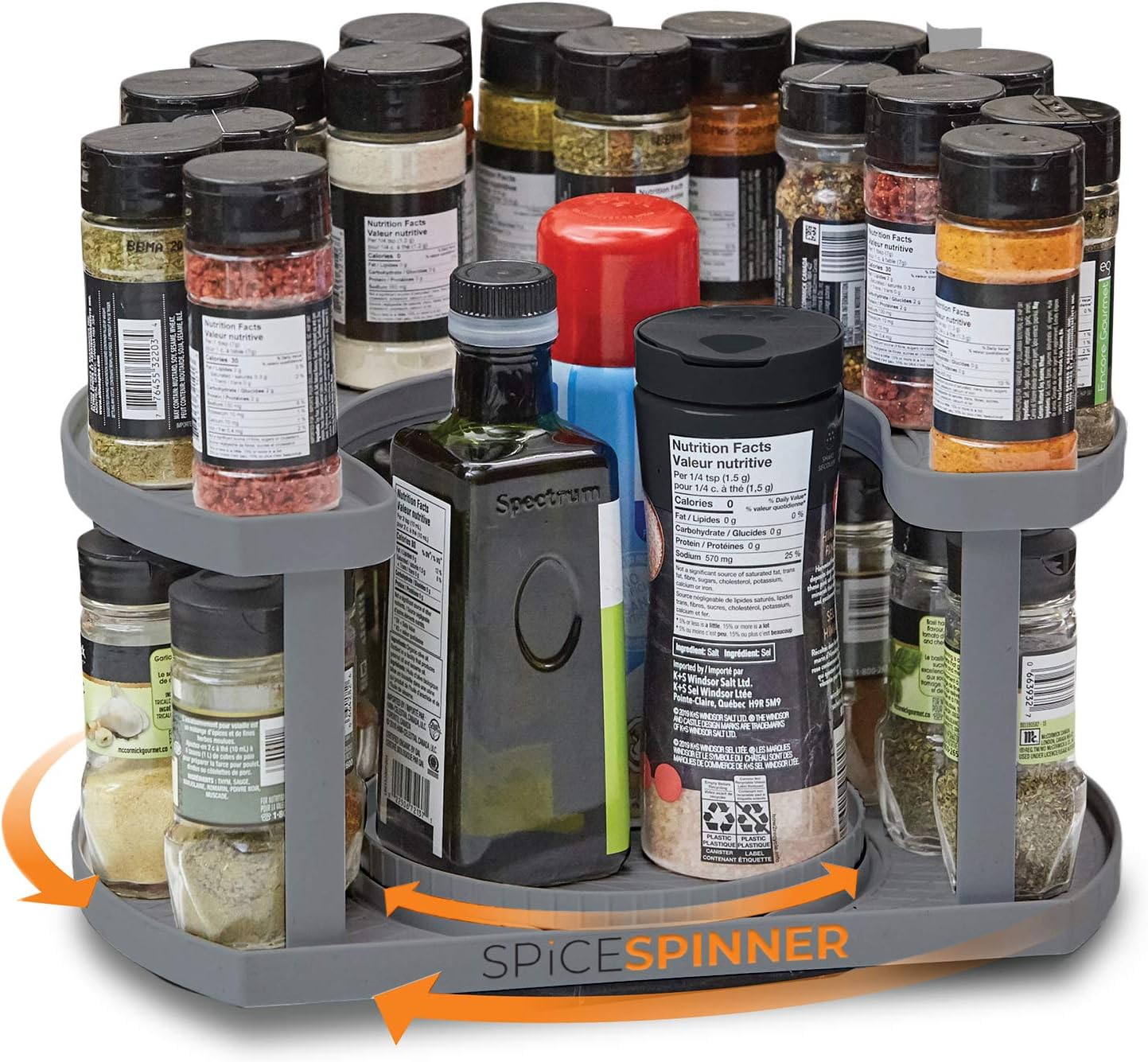 Spice Spinner Two-Tiered Spice Organizer & Holder That Saves Space, Keeps Everything Neat, Organized & Within Reach With Dual Spin Turntables- Grey