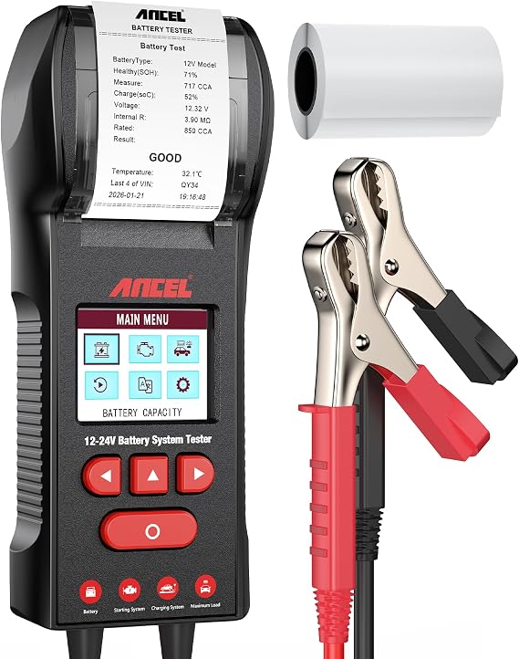 ANCEL BST600 12V/24V Lead-Acid Battery Tester with Printer, 100-2000 CCA