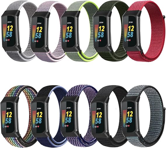10'lu paket naylon bant, Fitbit Charge 5/Charge 6 ile uyumlu, kadın erkek için, ayarlanabilir spor esnek örgülü tekli halka kayış, Fitbit Charge 5/6 için