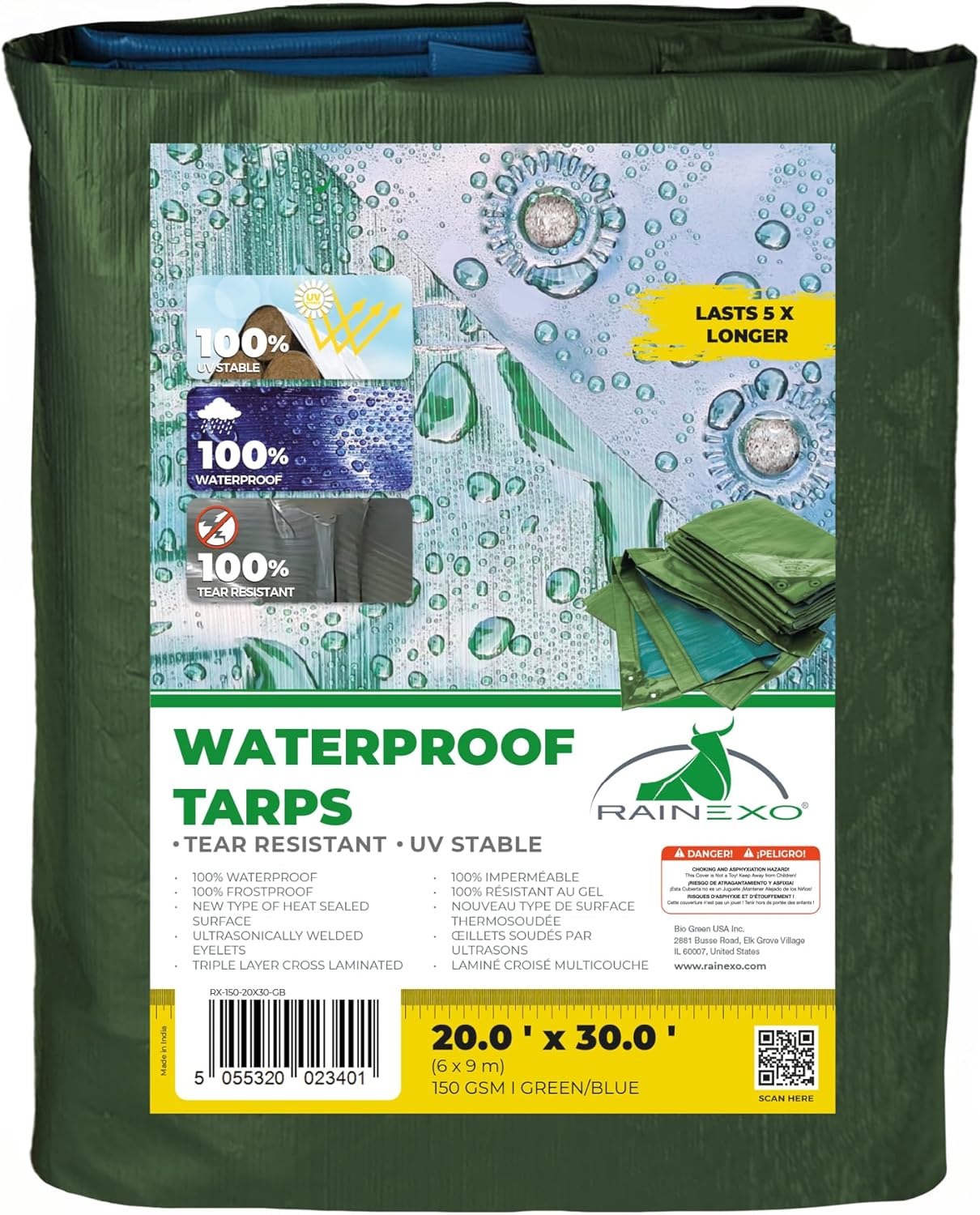 Waterproof Tarps - 20x30 ft 10 Mil Thick Green Heavy Duty Tarps, Tearproof, Recyclable, UV-Resistant Multipurpose Tarpaulin Cover for Outdoor, Camping, Furniture, Garden, Emergency Shelter