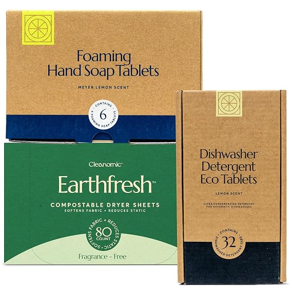 CLEANOMIC Foaming Hand Soap Tablets, Dishwasher Pods & Fabric Softener Sheets Bundle
