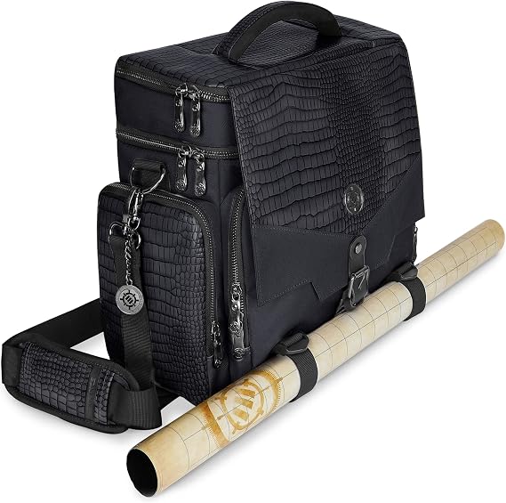 ENHANCE Collector's Edition RPG Adventurer's DND Bag - Dragon Hide Exterior Travel RPG Bag with Tabletop Miniatures Storage Vault, Mat Holder, DND Dice & Token Pockets, Fits 4-8 Books (Dragon Black)