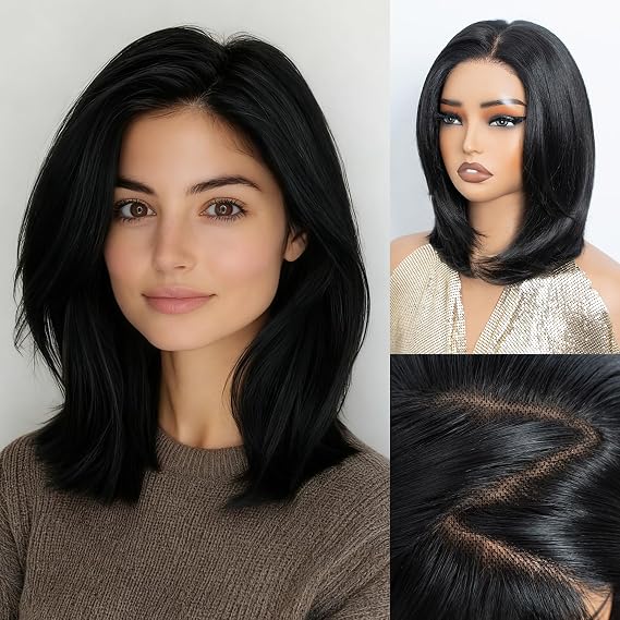 NOBLE Black Pre-Cut Bob Wigs for Women 13x4 Lace Front Bob Wigs with Curtain Bangs Natural Density Straight Glueless Wig for Women Daily Use