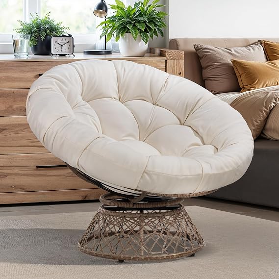 Bme 40" Wicker Papasan Chair, 360 Swivel, Arctic Snow - Brown Base