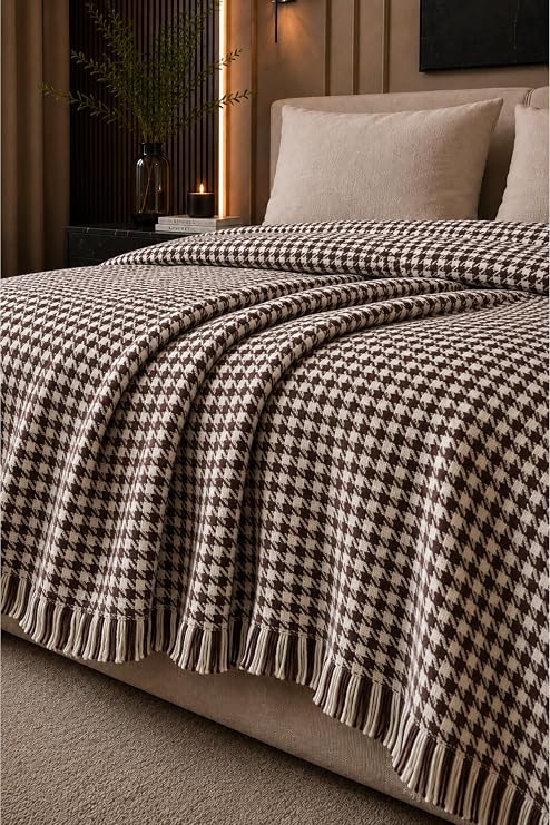 Kahve Çift Kişilik Pike 200x220 cm | Kazayağı Desenli Dekoratif Yatak Örtüsü | Çok Amaçlı Yazlık Pike | Koltuk Örtüsü ve İnce Battaniye Olarak Kullanılabilir