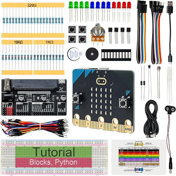 FREENOVE Basic Starter Kit for BBC Micro:bit (V2 Included), 179-Page Detailed Tutorial, 162 Items, 27 Projects, Blocks and Python Code