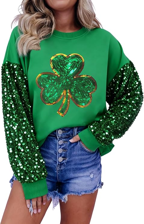 DUTUT St. Patrick's Day Sweatshirt Women Shamrock Shirt Lucky Clover Graphic Shirts Irish Casual Long Sleeve Tops
