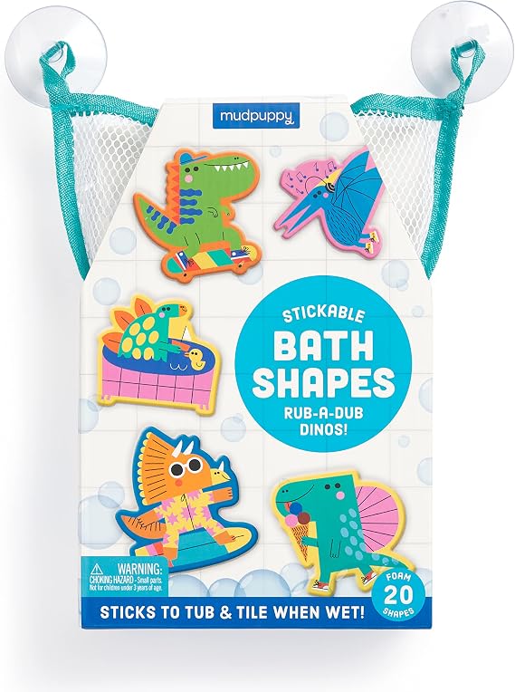 Mudpuppy Rub-a-Dub Dinos 20 Stickable Dinosaur Themed Foam Shapes for Bath Time Entertainment with Mesh Storage Bag for Ages 2 and Up