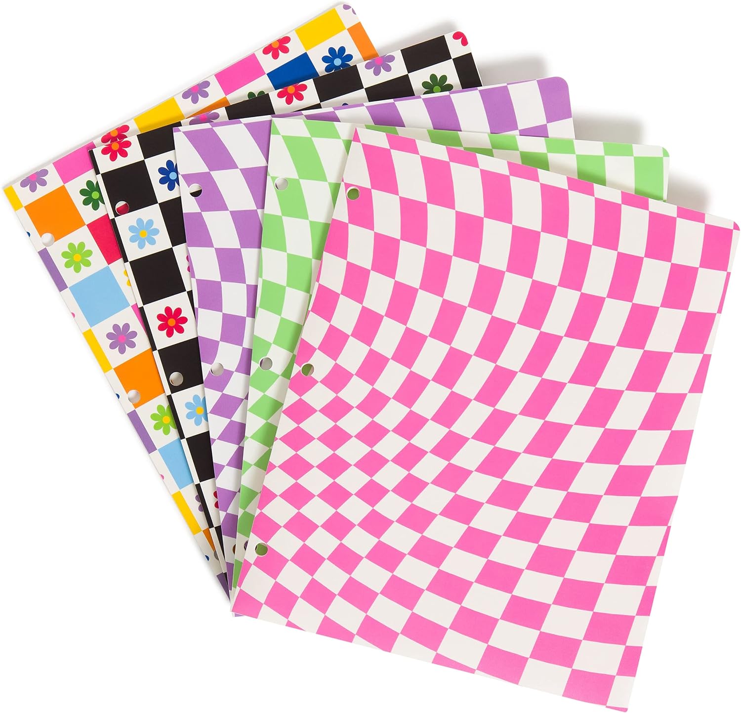 U Brands 70s Floral Check 2-Pocket Folder Set, Poly, Assorted Colors and Patterns, 3-Hole Punched, 10 Pieces
