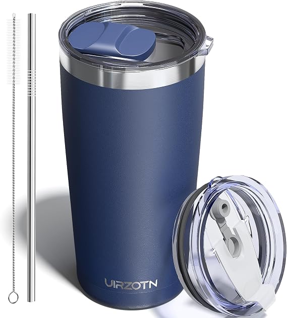 Travel Coffee Tumbler 20oz, Travel Coffee Mug with Dual Lids and Straw, Stainless Steel Double Wall Vacuum Insulated Tumbler for Hot/Iced Drinks (Textured Matte, Navy Blue)