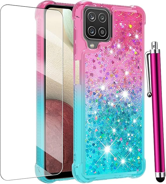 for Samsung Galaxy A12 Phone Case, Pink Blue | Screen Protector, Women Girls, Glitter Bling Floating Liquid Cute, Soft TPU, Shockproof Protective Cover