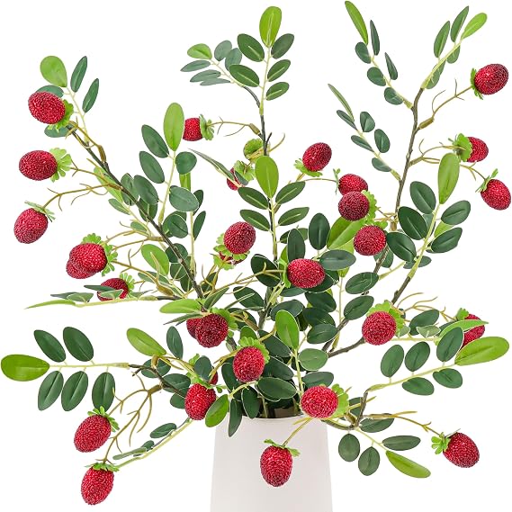 3pcs Artificial Raspberry Stems, 34.6 Inch Fake Raspberry Branches | faux red raspberry branches with green leaves,realistic raspberry twigs,long berry decorative sprigs boutique store display
