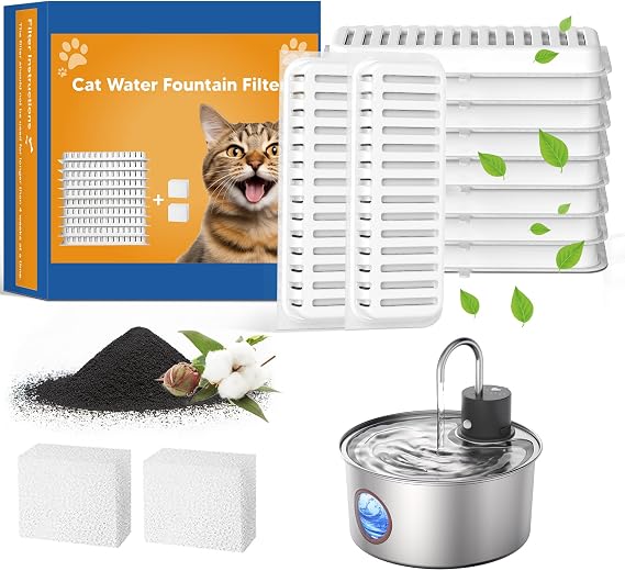 Cat Water Fountain Filters, Replacement Filters for 108oz/3.2L Cat Fountain,10 Packs Filters & 2 Sponges Set for Stainless Steel Pet Water Fountain