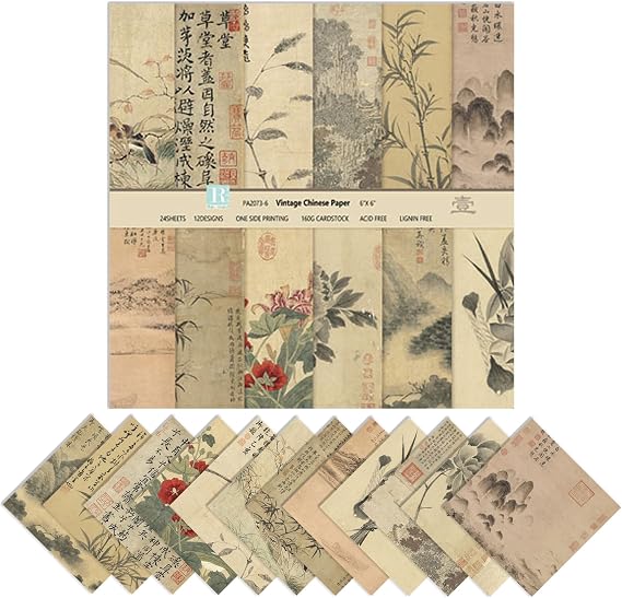 6 Inches 24 Sheets Vintage Chinoiserie Scrapbook Paper, Single-Sided Flowers Bamboo Chinese Calligraphy Ancient Poetry Pattern, Square Handmaking Material Journaling Background Craft Paper