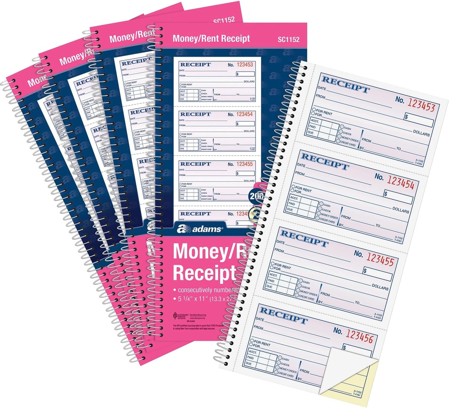 Adams SC1152PK Money Receipt Book,Spiral,2-Part,7-58-Inch x11-Inch ,1000PK,WECA