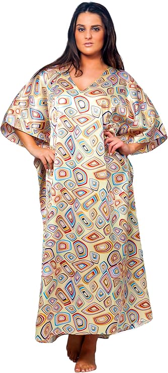 Up2date Fashion Women's Long Satin Caftan/Kaftan/Muumuu, Geometric Abstract Rings Print, Style Caf-92